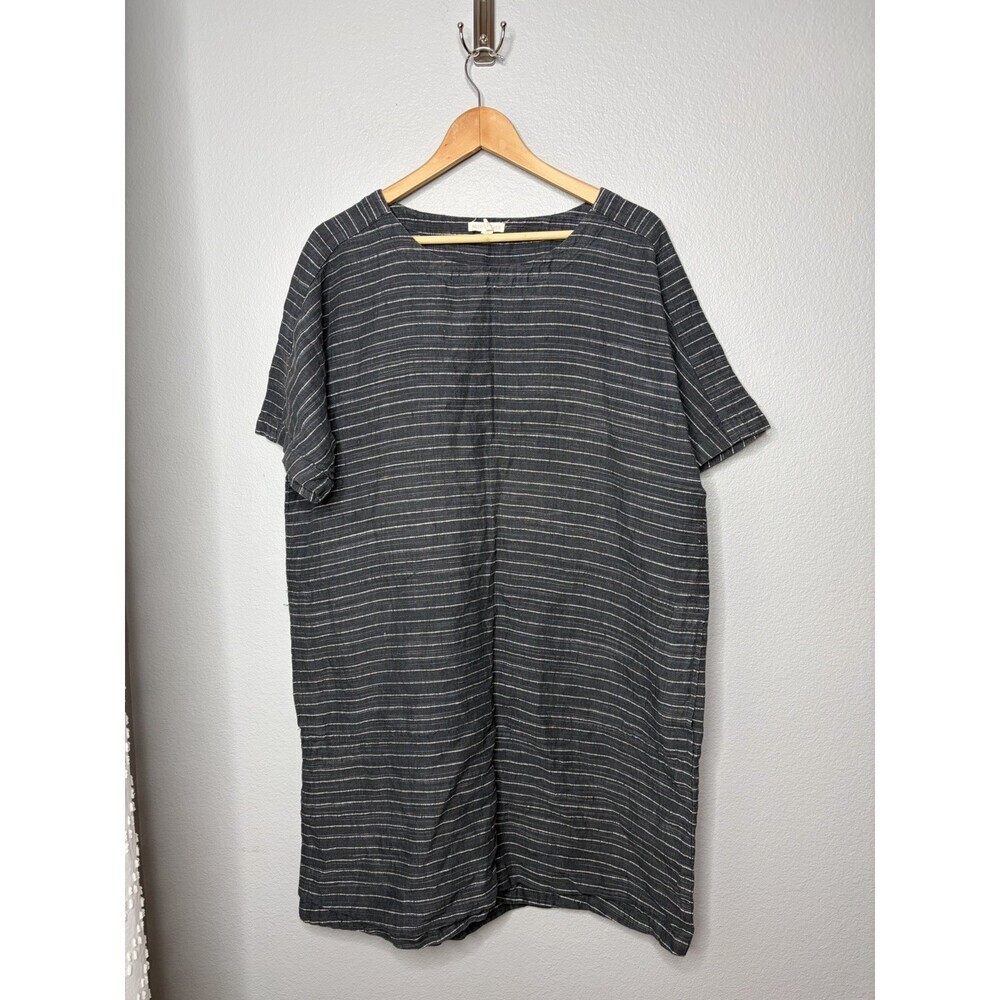 Eileen Fisher Washed Organic Linen Shift Dress Womens M Navy White Stripe Resort